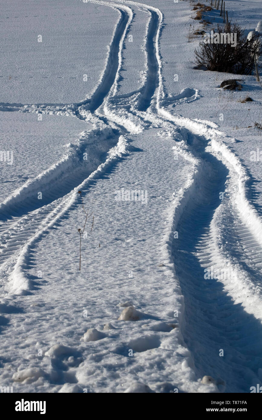 La costa della Norvegia, tracce di pneumatici su tutto il campo di neve Foto Stock