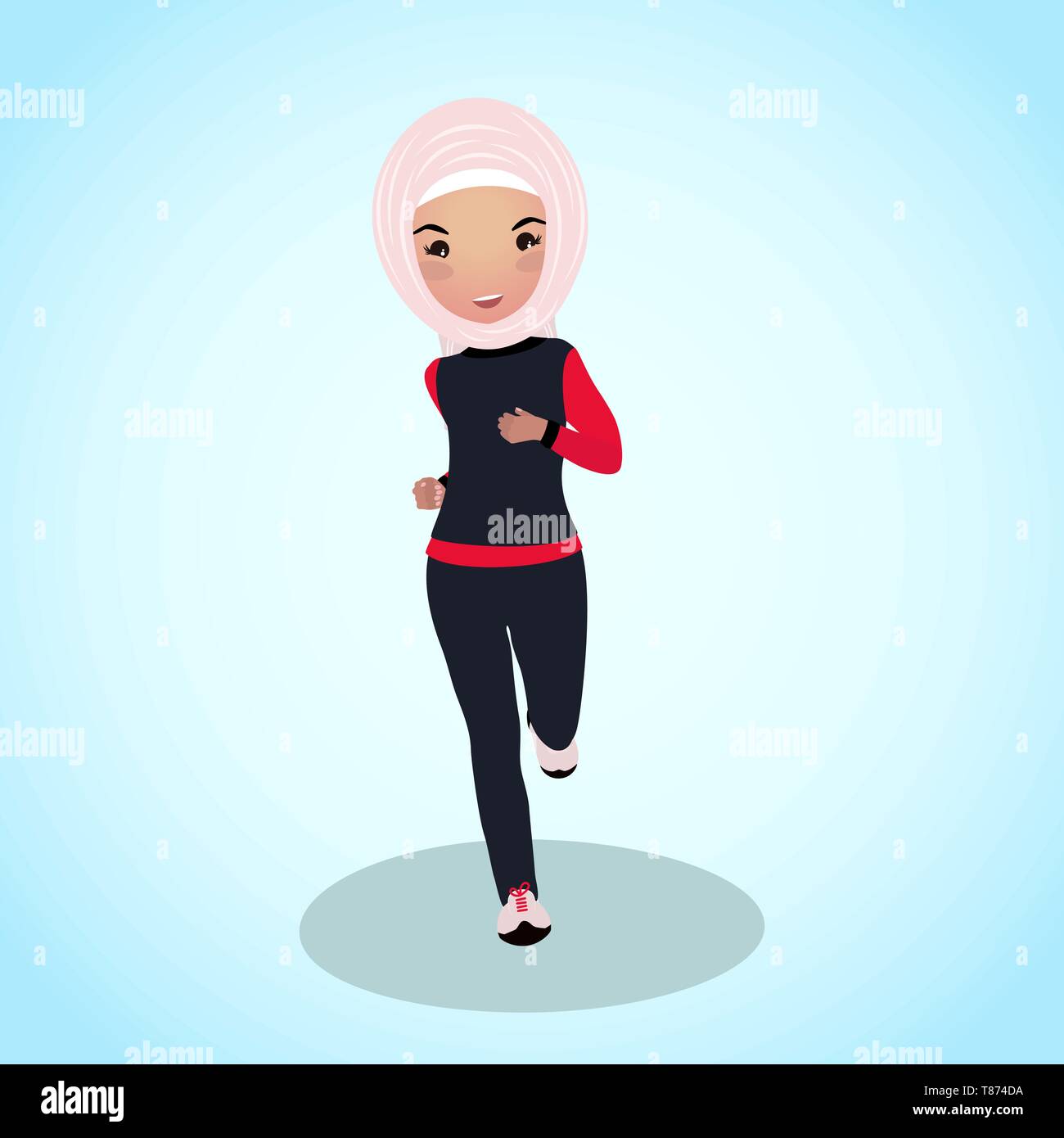 Giovane ragazza in abaya tuta. Inizio Corsa mattutina. Corredo di allenamento. La Saudi-realizzata in esecuzione tuta. Bella donna musulmana in tradizionali abiti sportivi. Illustrazione Vettoriale