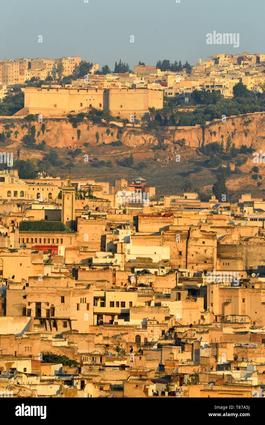 Il Marocco, Medio Atlante, Fes, Città Imperiale, Fes el Bali District, medina elencati come patrimonio mondiale dall' UNESCO, vista panoramica della medina (città vecchia) con borj nord castello Foto Stock