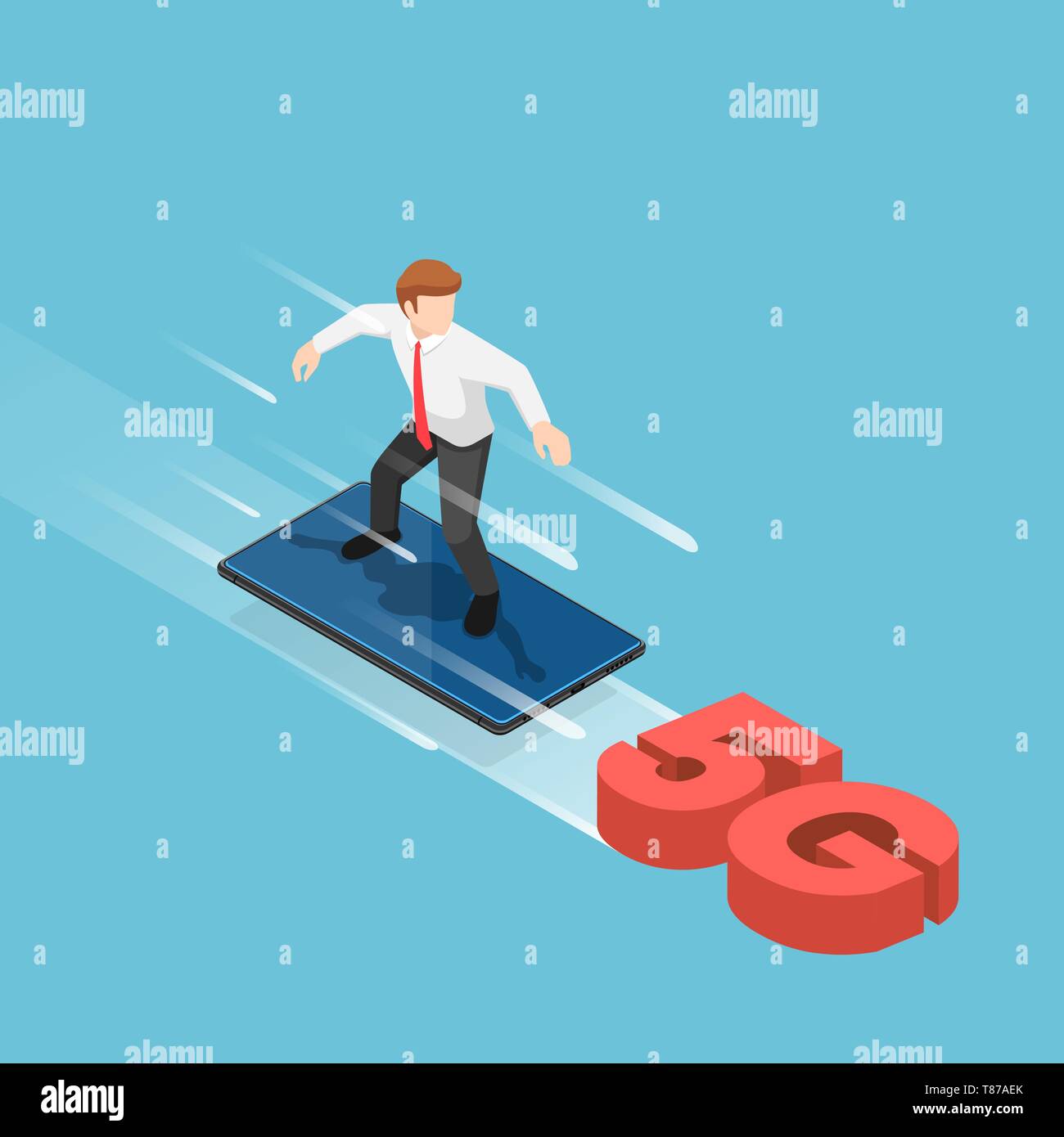 Appartamento 3D isometrica imprenditore utilizza lo smartphone per navigare sul 5G segnale. 5G wireless di rete concetto tecnologico. Illustrazione Vettoriale