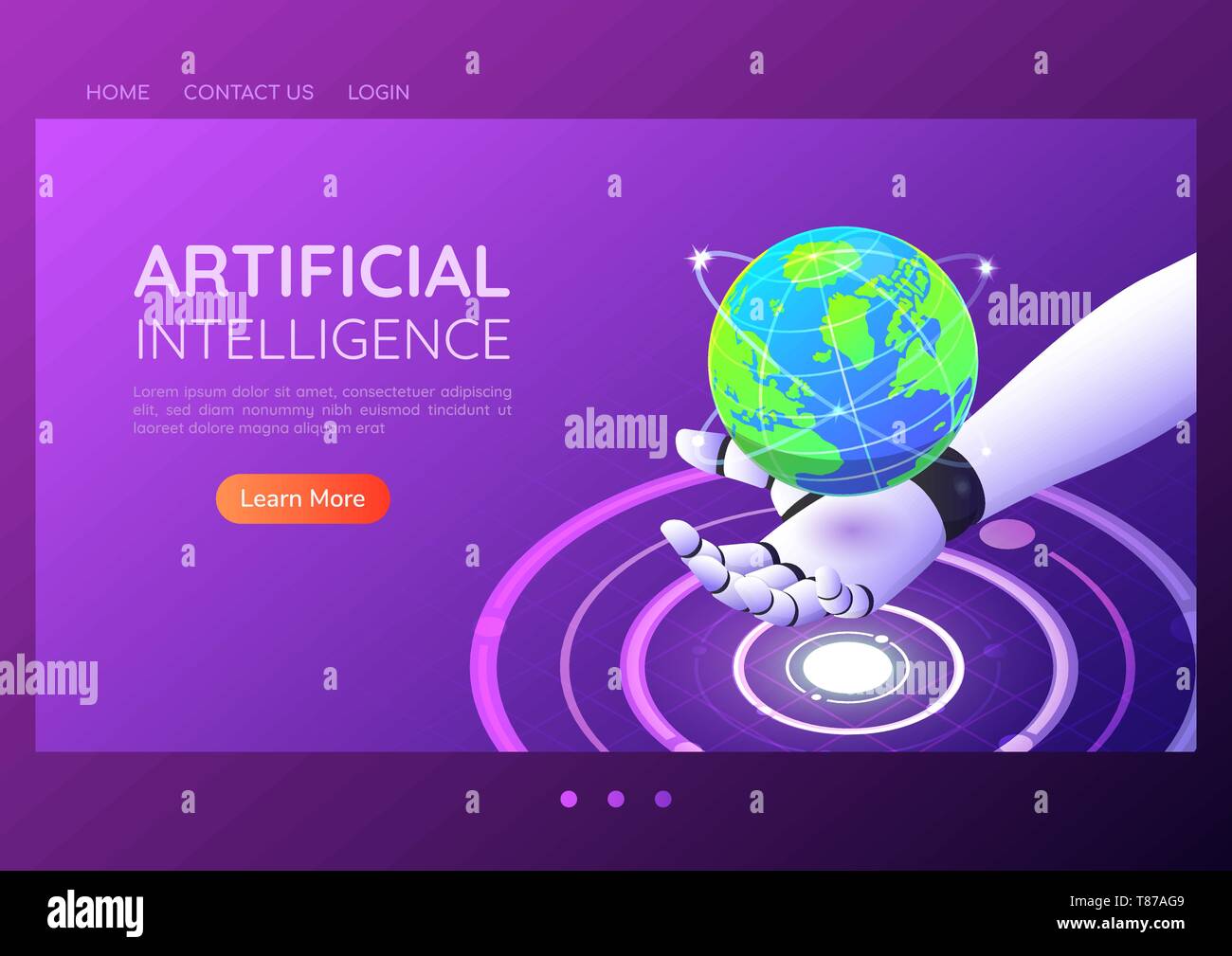 3D isometrica banner web ai mano robotica azienda virtual mondo digitale. Intelligenza artificiale e tecnologia landing page concetto. Illustrazione Vettoriale