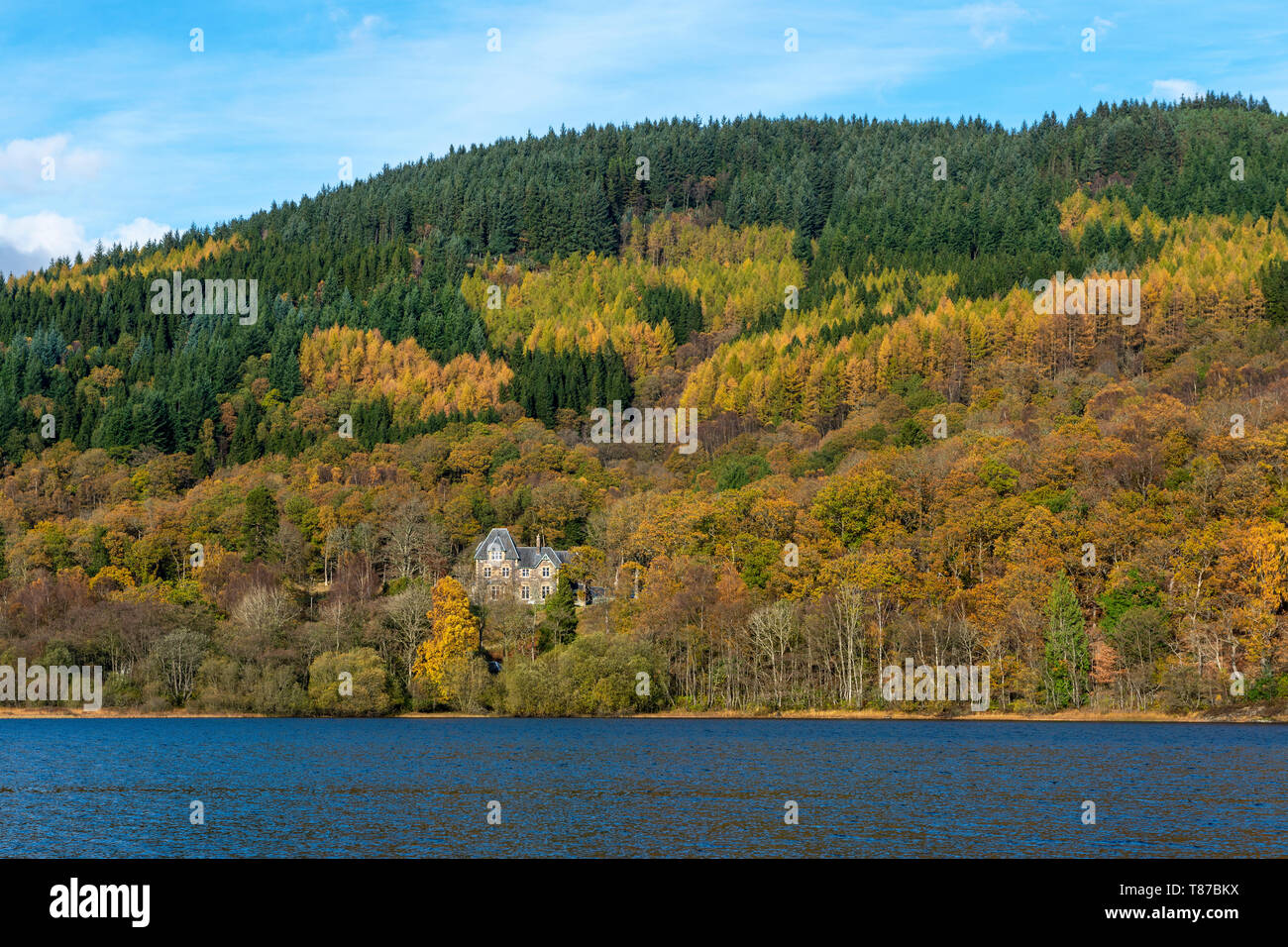 Vista sul Loch Achray sul Achray Forest Drive nel Trossachs, Scotland, Regno Unito Foto Stock