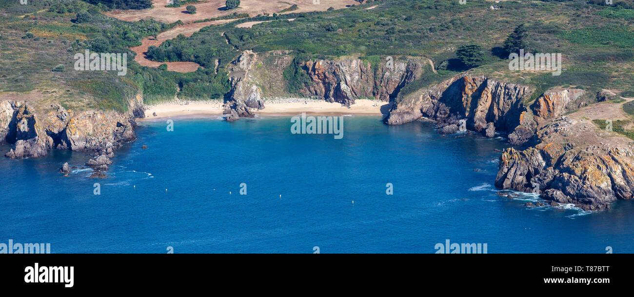 Francia, Vendee, Yeu island, l'Anse des Soux sulla costa selvaggia (vista aerea) Foto Stock