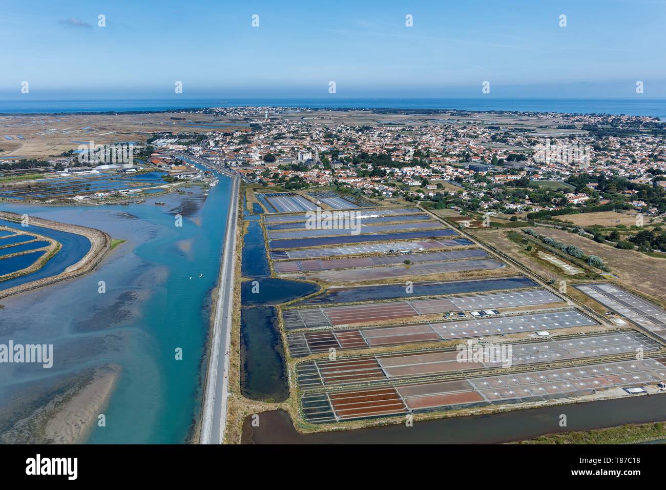 Francia, Vendee, Noirmoutier en l'Ile, le saline e la città (vista aerea) Foto Stock