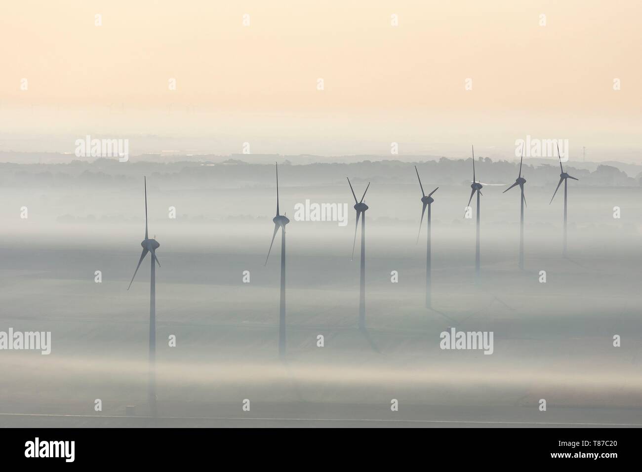 Francia, Vendee, Le Langon, turbine eoliche nella nebbia (vista aerea) Foto Stock