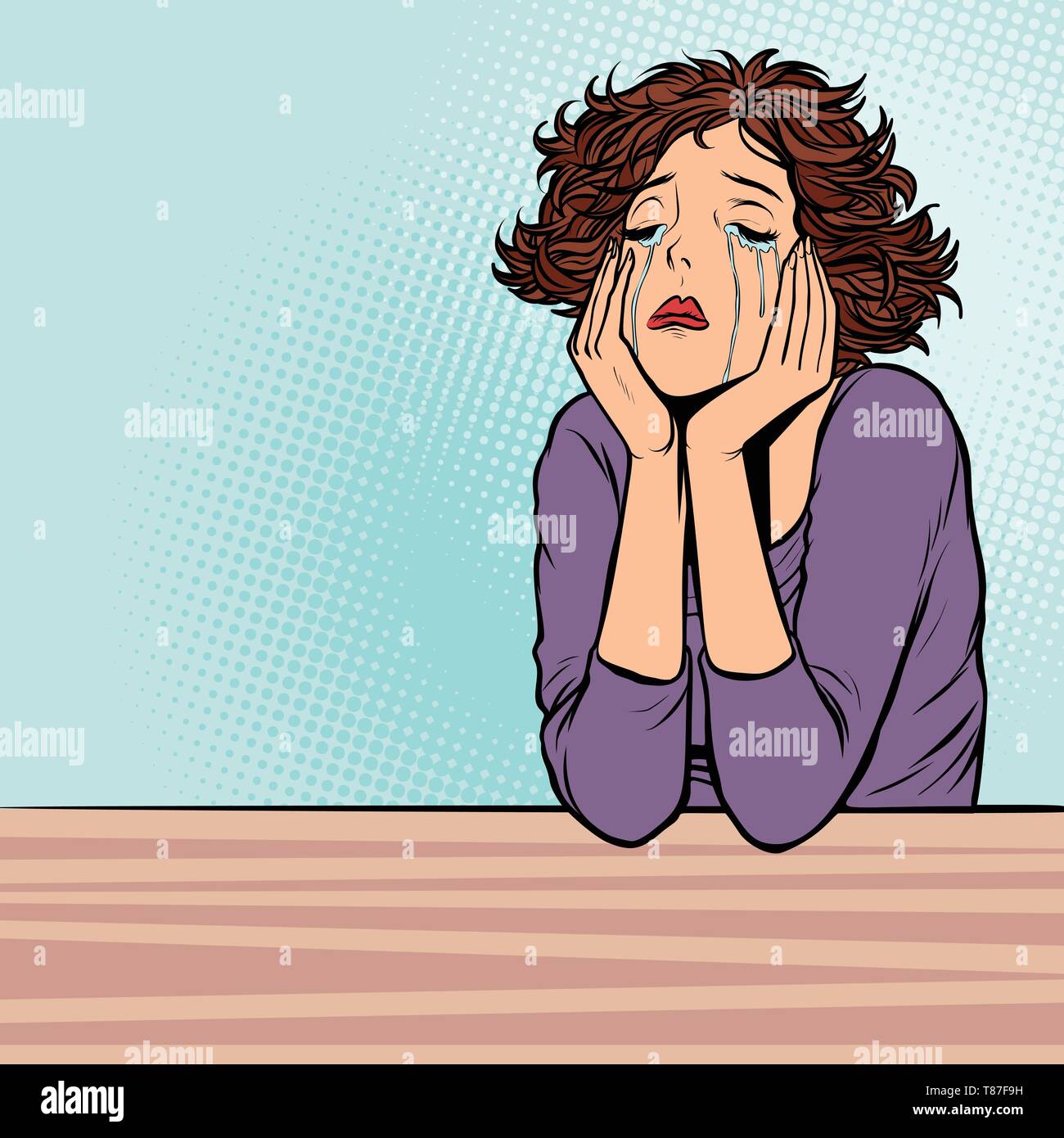 Solitario donna infelice. Fumetto cartoon pop art vector retro vintage disegno Illustrazione Vettoriale