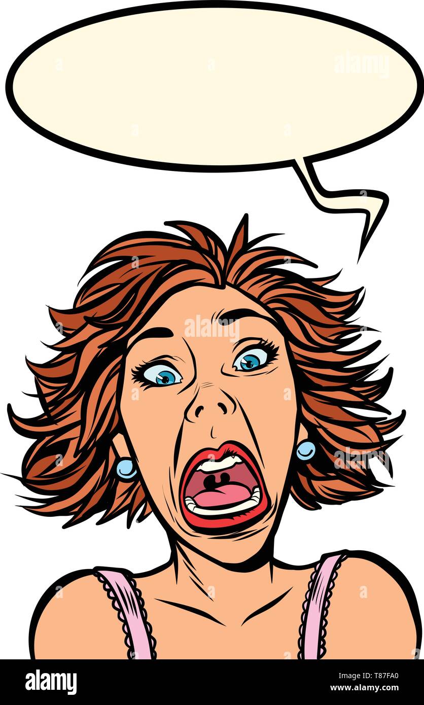 Funny donna urla, strane espressioni del viso. Fumetto cartoon pop art vector retro vintage disegno Illustrazione Vettoriale