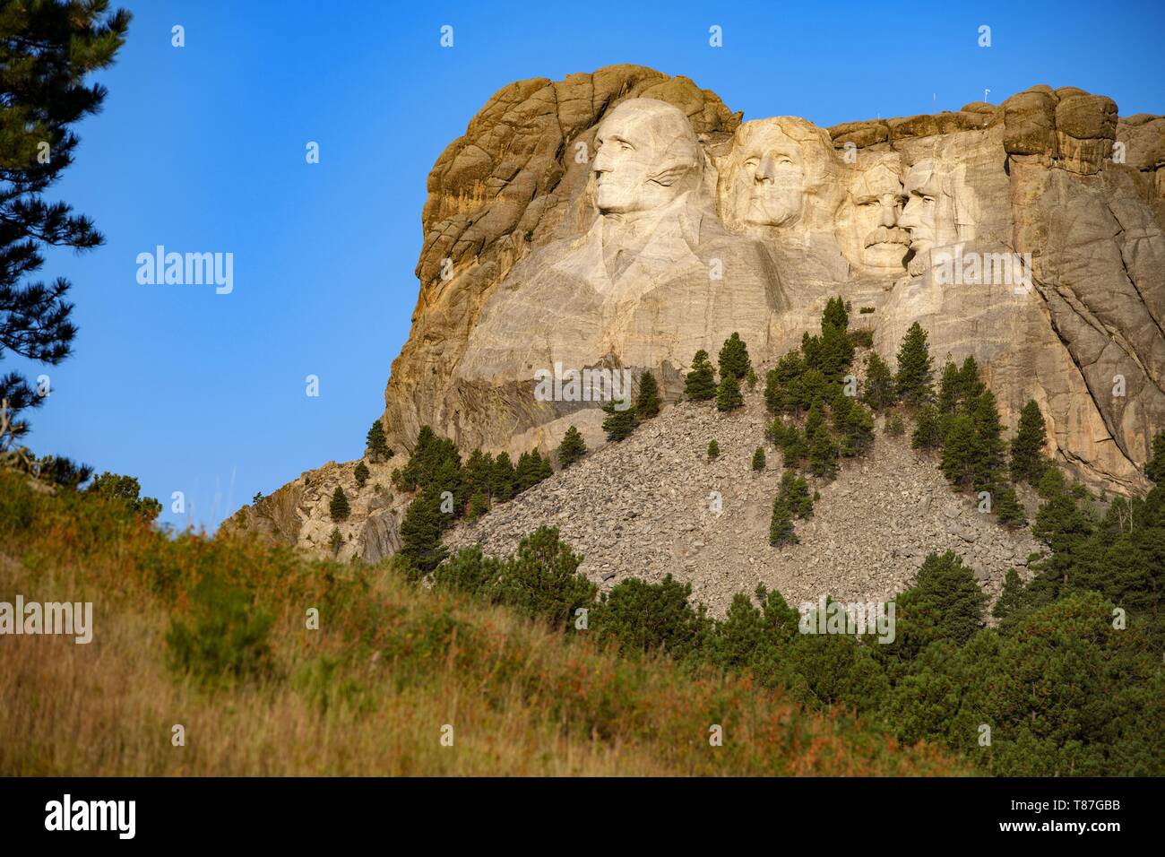 Stati Uniti, South Dakota, area delle Black Hills e il Monte Rushmore National Memorial, da sinistra a destra, ex presidenti George Washington Thomas Jefferson, Theodore Roosevelt e Abraham Lincoln Foto Stock