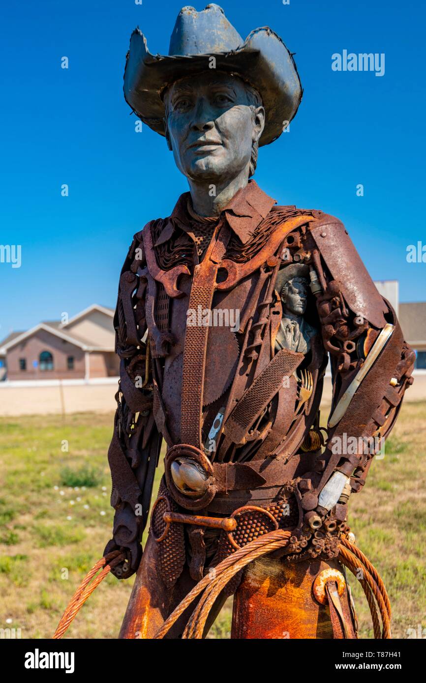Stati Uniti, South Dakota, Fede, ferro statua della famosa rodeo cowboy Bud giorno Foto Stock