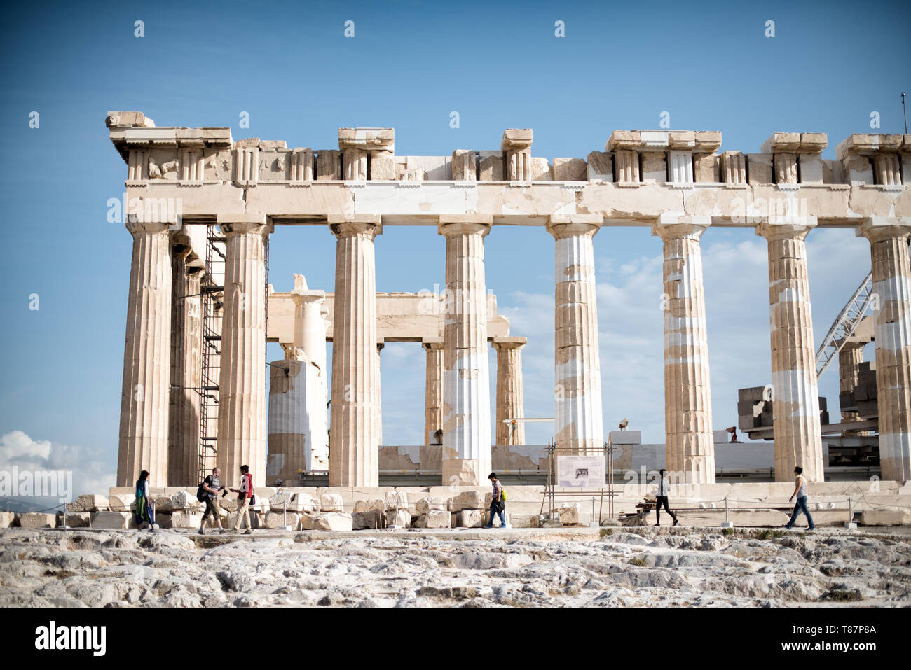 Colonne del Partenone Acropoli Atene Grecia // ATENE, Grecia - l'antica Acropoli si erge in cima alla sua collina rocciosa, che domina lo skyline di Atene, Grecia. Il Partenone, con le sue colonne e frontoni iconici, è il fulcro di questo sito patrimonio dell'umanità dell'UNESCO. Circondata da altre strutture classiche, tra cui l'Eretteo e il Tempio di Atena Nike, questa cittadella del V secolo a.C. incarna la gloria dell'antica civiltà e dell'architettura greca. Foto Stock