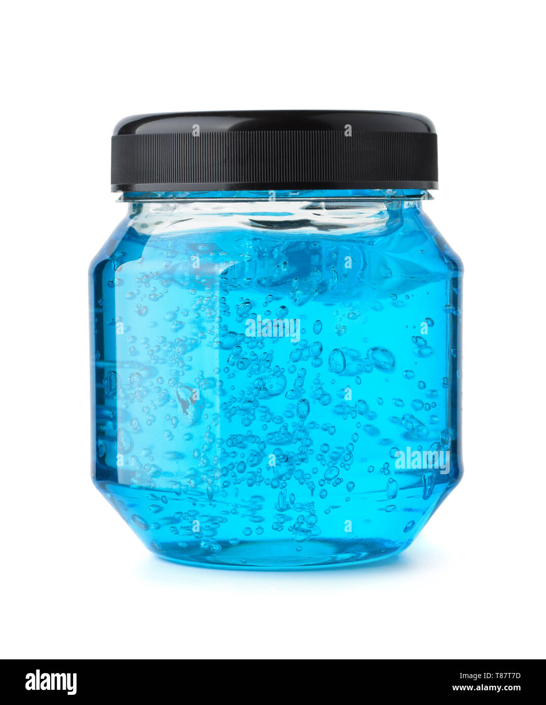 Vista frontale dei capelli blu gel per lo styling jar isolato su bianco Foto Stock