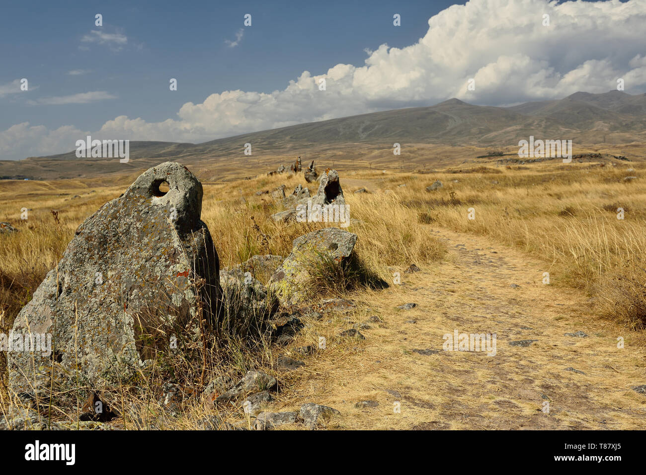 Armenian Stonehenge - Zorats Karer o Karahunj antico osservatorio astronomico Sisian, Armenia. Foto Stock