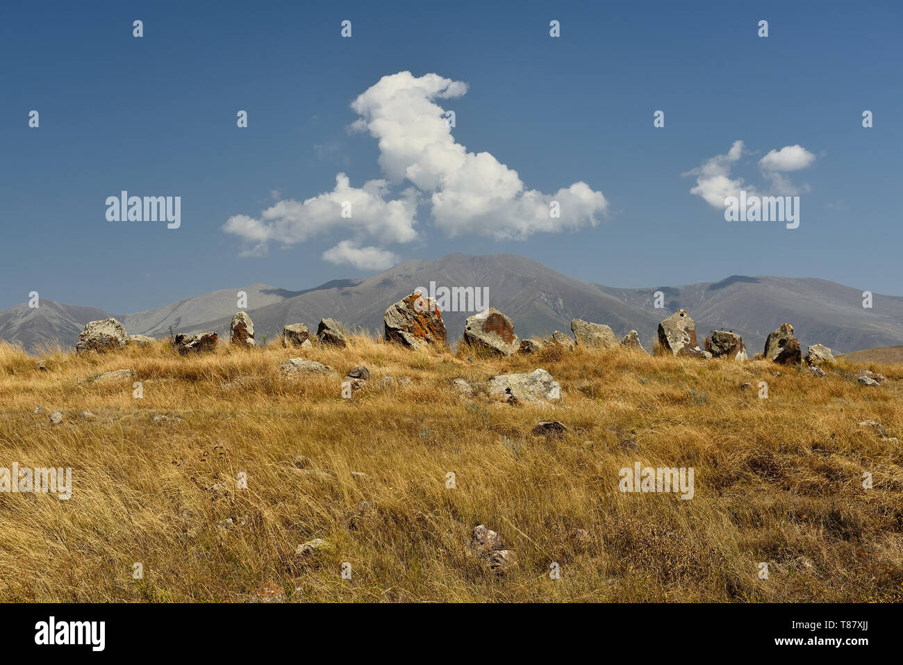 Armenian Stonehenge - Zorats Karer o Karahunj antico osservatorio astronomico Sisian, Armenia. Foto Stock