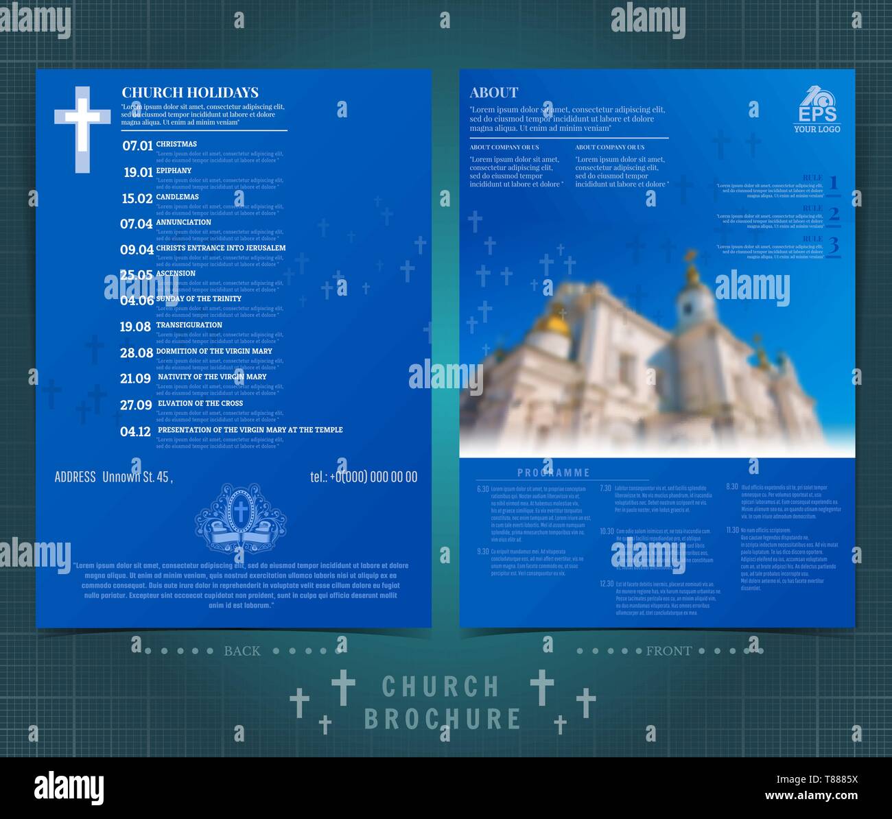 Due lati pieghevoli con edifici e motivi geometrici Illustrazione Vettoriale
