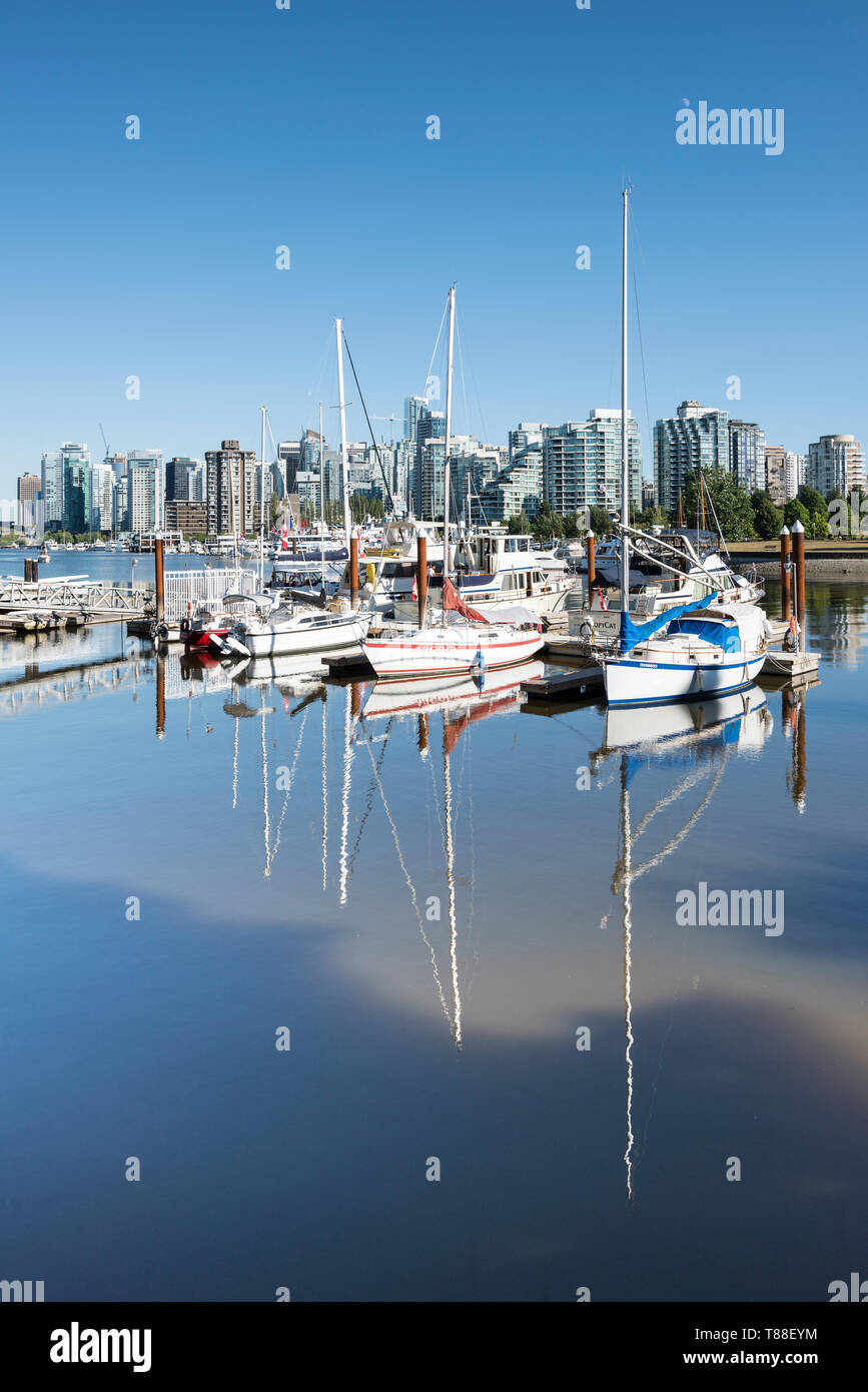 In piedi sul Seawall accanto al Vancouver club di canottaggio guardando attraverso il carbone baia del porto verso il downtown area & torreggianti appartamenti di vetro. Foto Stock