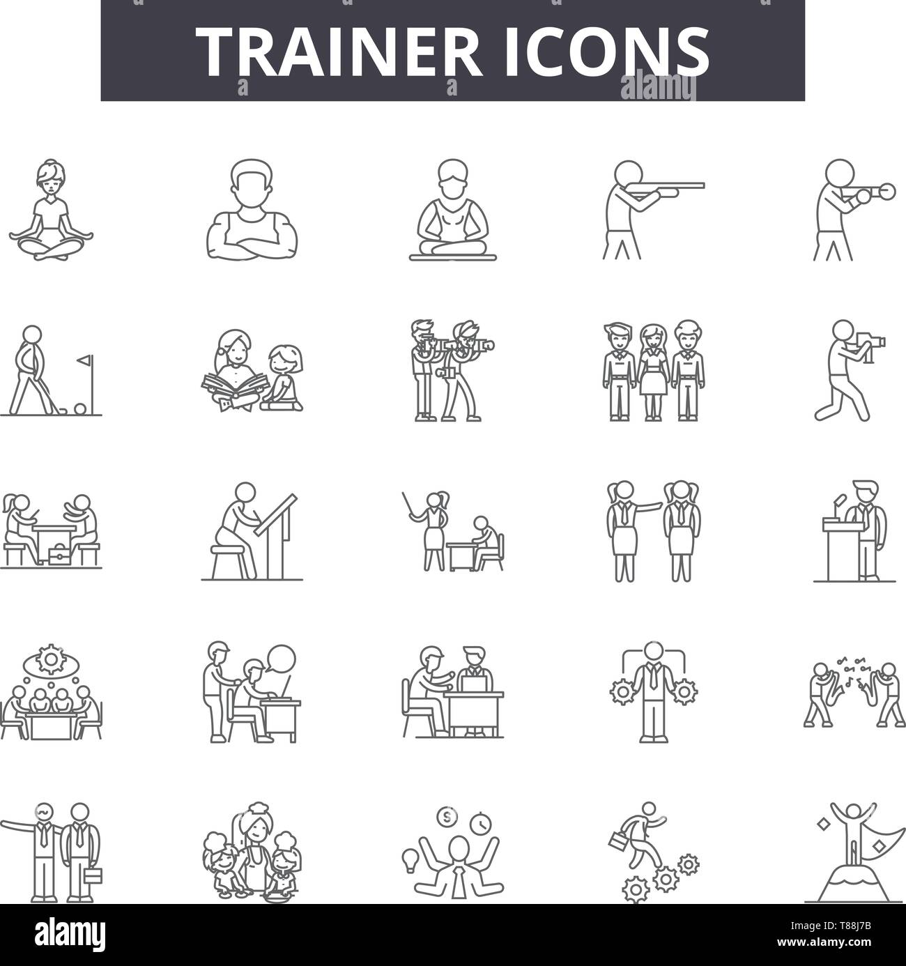 Linea Trainer icone, segni, set di vettore, concetto lineare, illustrazione di contorno Illustrazione Vettoriale