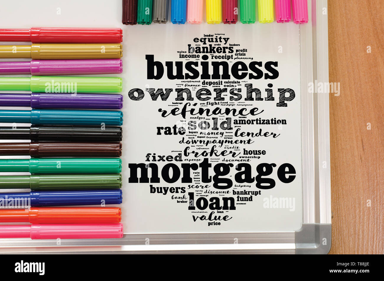 Ipoteca word cloud collage su sfondo whiteboard Foto Stock