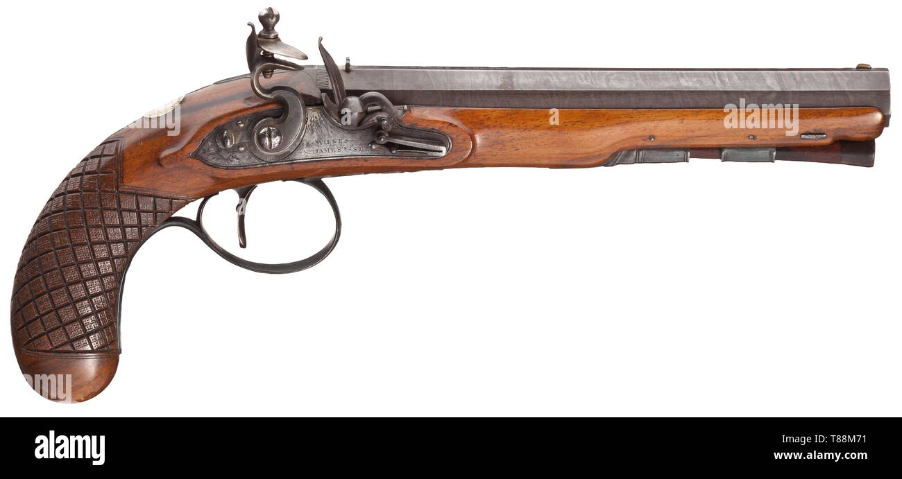 Piccole armi, pistole, flintlock pistola calibro 14,5 mm, documento Wilkes, Londra, circa 1810, Additional-Rights-Clearance-Info-Not-Available Foto Stock