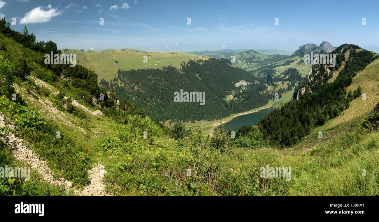 Vista in Appenzell dall'Hoher affrettare/Stauberen ridge a piedi, Alpi Siwss Foto Stock