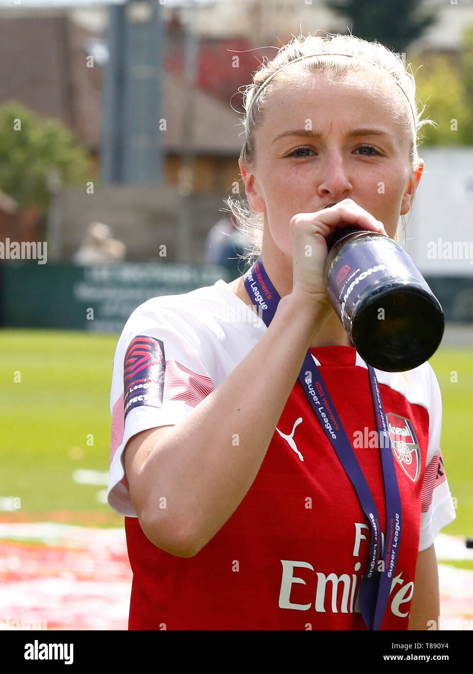 BOREHAMWOOD, Regno Unito - 11 Maggio: Leah Williamson di Arsenal durante la donna Super League match tra Arsenal e Manchester City le donne FC a Prato Park Stadium , noia legno su 11 Maggio 2019 a Borehamwood, Inghilterra azione di Credito Foto Sport Foto Stock