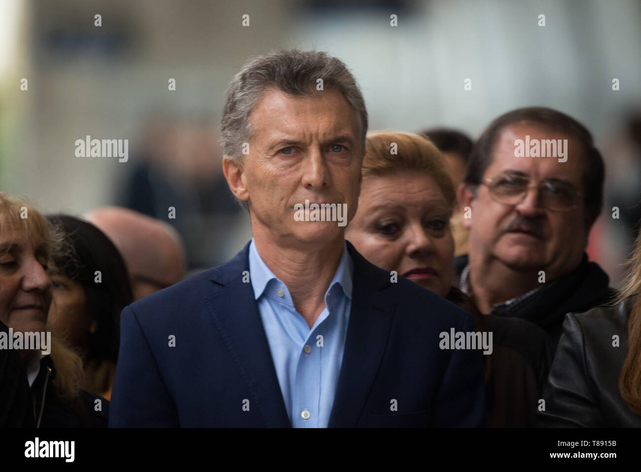 Buenos Aires, Argentina. Il 10 maggio, 2019. Il presidente della Repubblica Argentina Mauricio Macri, partecipa a una riunione politica di inaugurare un treno viadotto, accanto al sindaco della città di Buenos Aires, Horacio Rodriguez Larreta (sinistra) e il governatore della provincia di Buenos Aires, Maria Eugenia Vidal ( a destra), a Buenos Aires, Argentina, il Venerdì (10). Credito: Mario De Fina/FotoArena/Alamy Live News Foto Stock