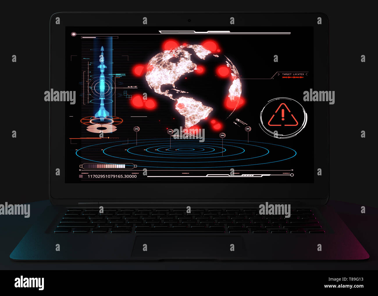 Attacco nucleare, attacco missilistico, sabotaggio, armi atomiche. Esplosione di oneri nucleari. Gruppo armato. Gli hacker informatici. La pirateria internazionale. Computer Foto Stock