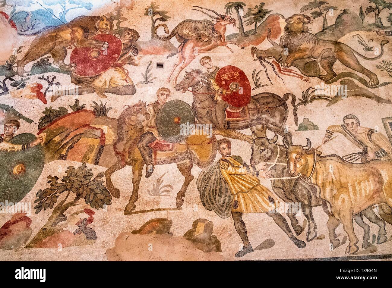 Sicilia Italia, di Piazza Armerina e Villa Romana del Casale, sito Patrimonio Mondiale dell'UNESCO, esempio supremo di una lussuosa villa romana pregevoli per la ricchezza e la qualità dei mosaici che decorano ogni stanza Foto Stock