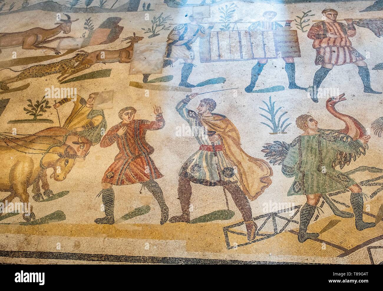 Sicilia Italia, di Piazza Armerina e Villa Romana del Casale, sito Patrimonio Mondiale dell'UNESCO, esempio supremo di una lussuosa villa romana pregevoli per la ricchezza e la qualità dei mosaici che decorano ogni stanza Foto Stock