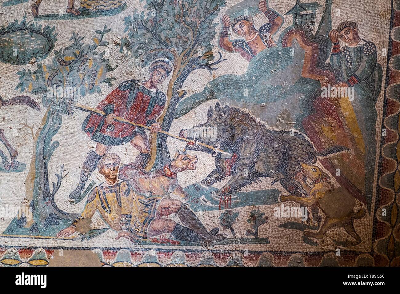Sicilia Italia, di Piazza Armerina e Villa Romana del Casale, sito Patrimonio Mondiale dell'UNESCO, esempio supremo di una lussuosa villa romana pregevoli per la ricchezza e la qualità dei mosaici che decorano ogni stanza Foto Stock