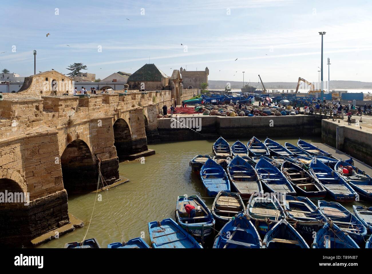 Il Marocco, Mogador, Marrakesh Safi regione, Essaouira, elencato come patrimonio mondiale dall'UNESCO, la medina, porto di pescatori e le vecchie mura della città, Skala (sqala) du Port Foto Stock