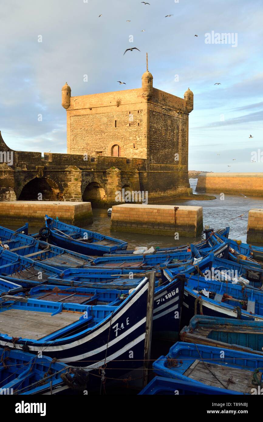 Il Marocco, Mogador, Marrakesh Safi regione, Essaouira, elencato come patrimonio mondiale dall'UNESCO, la medina, porto di pescatori e le vecchie mura della città, Skala (sqala) du Port Foto Stock