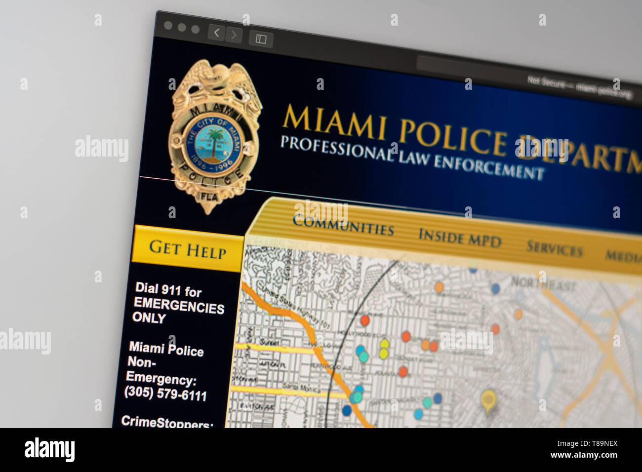 Miami il dipartimento di polizia website homepage. Close up della polizia Dept logo. Può essere usato come esempio illustrativo per notizie dei media o di altri siti web. Foto Stock