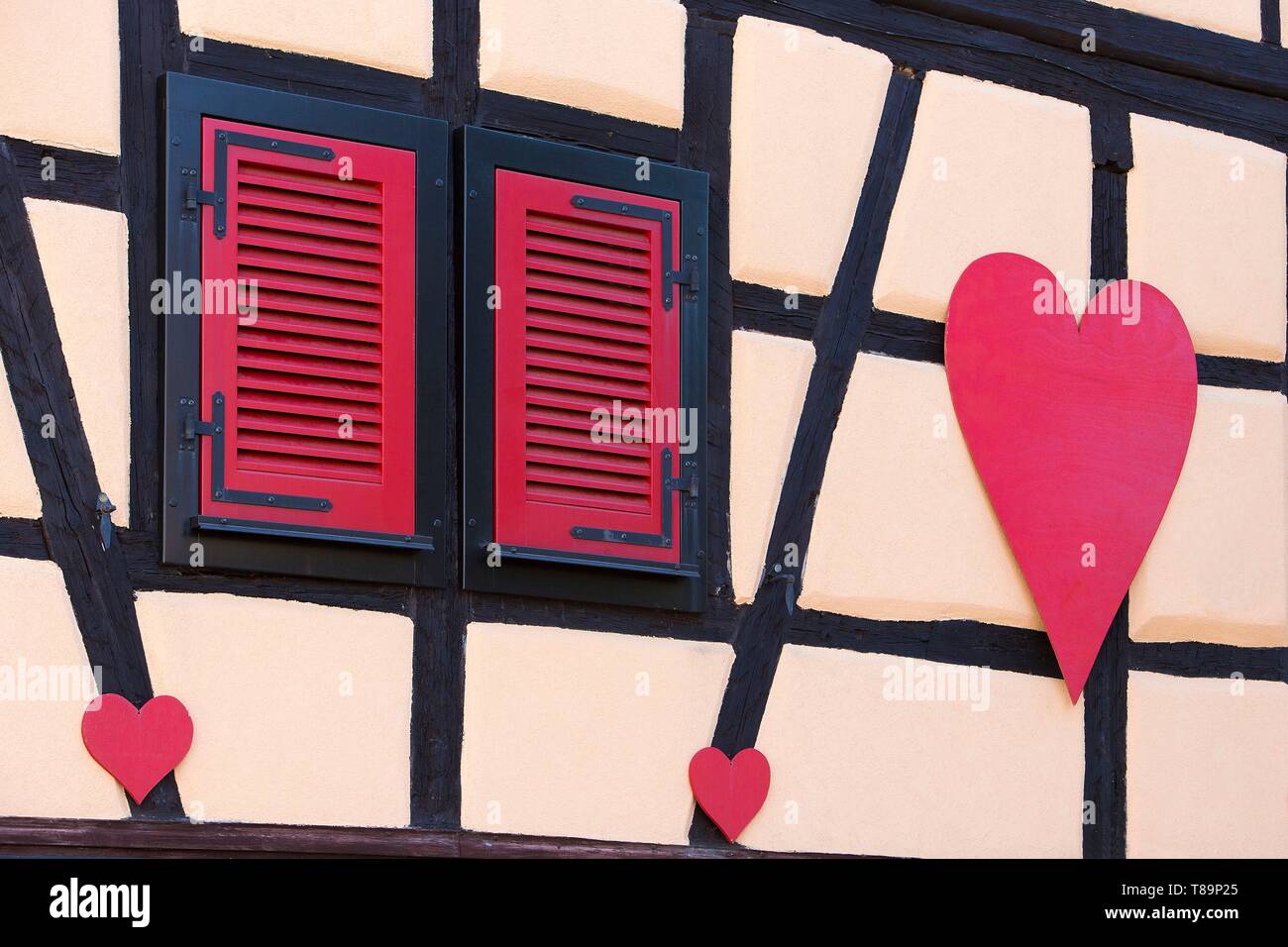 Francia, Haut Rhin, Route des Vins d'Alsace, Eguisheim etichettati Les Plus Beaux Villages de France (uno dei più bei villaggi di Francia), facciata di una casa tradizionale Foto Stock