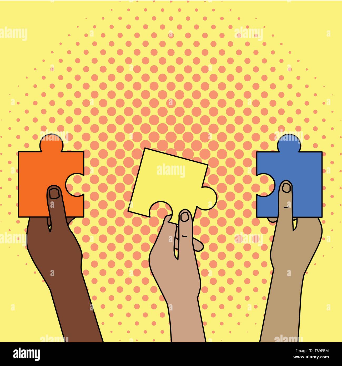 Tre vuoto colorato Puzzle pezzi tenuti in diverse persone a mani vuote  Business modello di layout per invito biglietto di auguri promozione post  Immagine e Vettoriale - Alamy