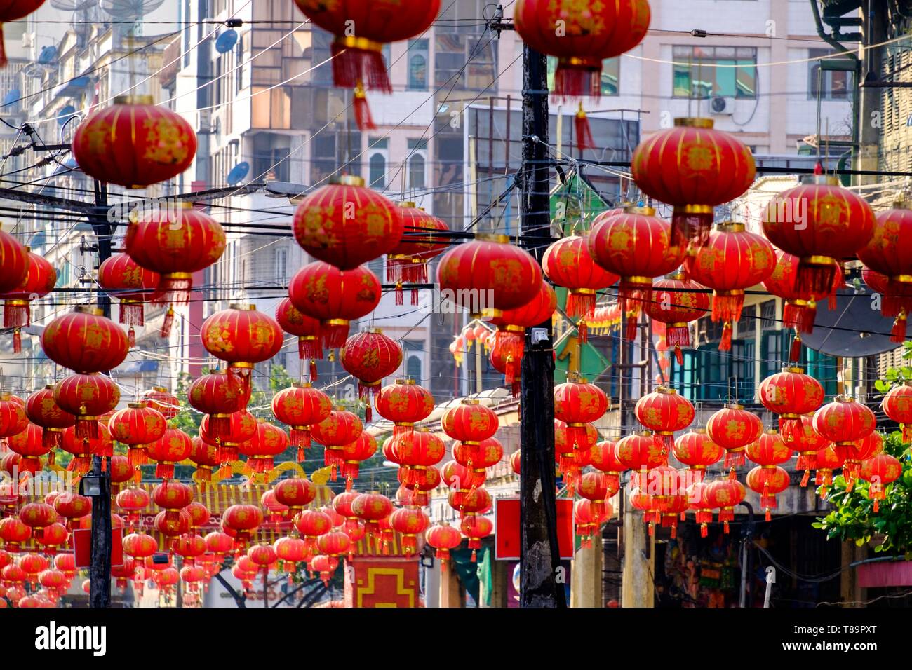 Myanmar Yangon, città vecchia, area cinese decorato per il nuovo anno Foto Stock