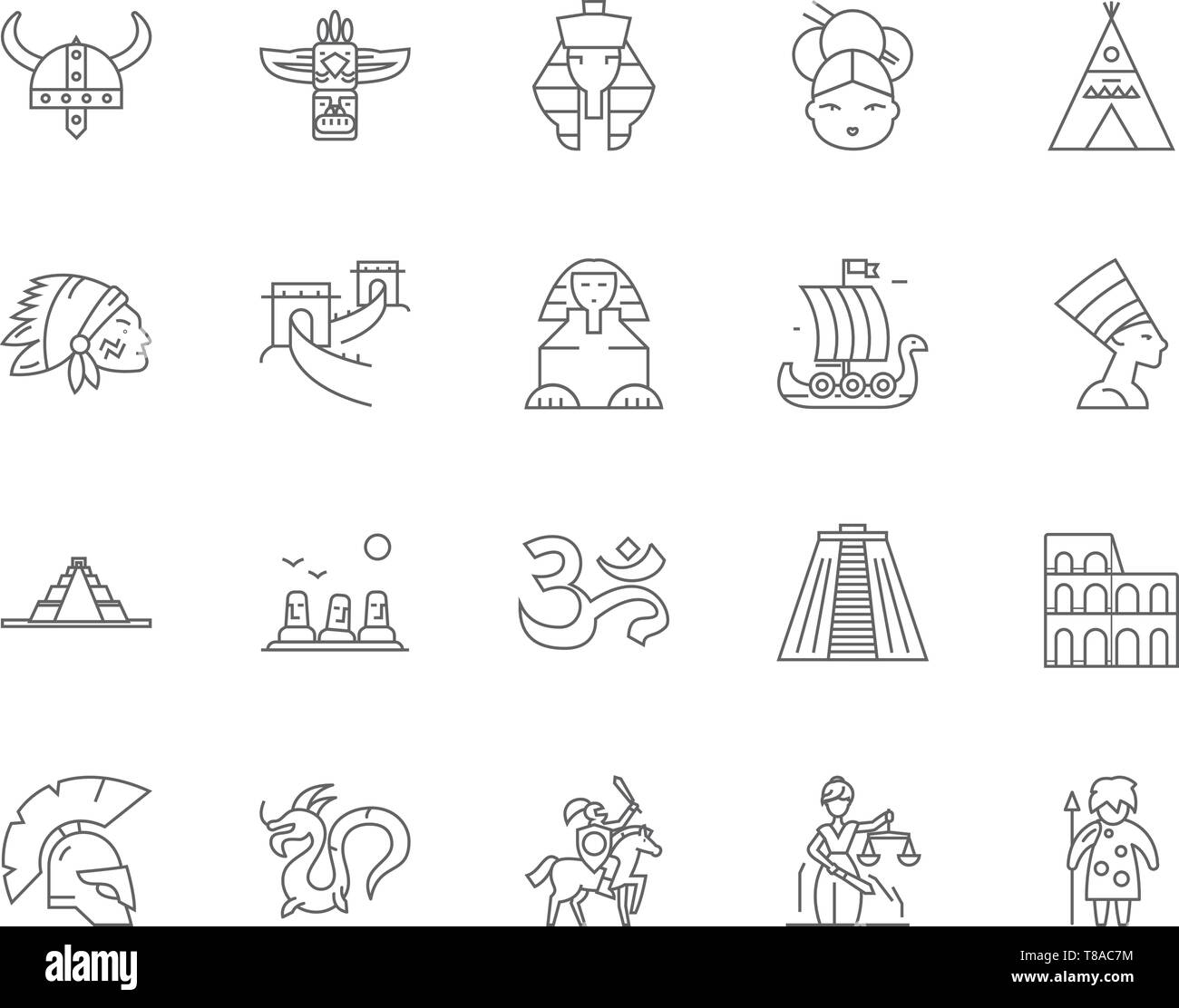 Civiltà antiche icone di linea, segni, set di vettore, illustrazione di contorno concept Illustrazione Vettoriale