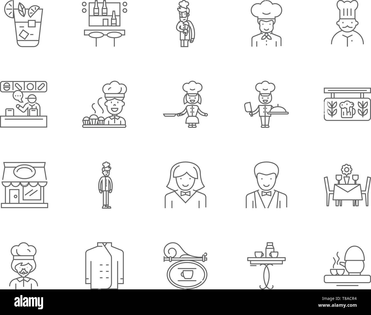 Bar e ristoranti le icone della linea, segni, set di vettore, illustrazione di contorno concept Illustrazione Vettoriale