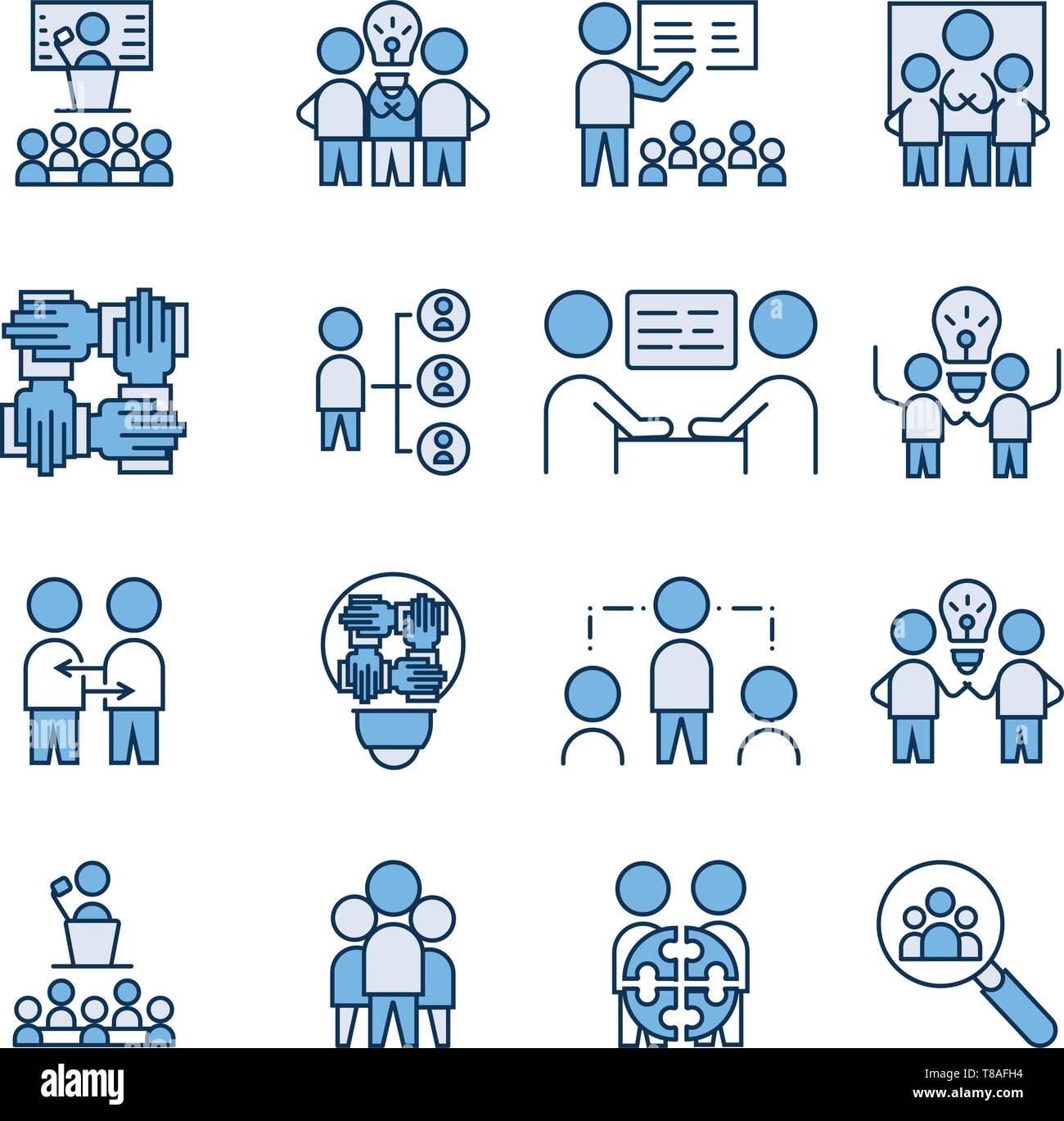 Semplice Set del lavoro di squadra e la relativa icona. vettore di riempimento lineare simbolo segno Illustrazione Vettoriale