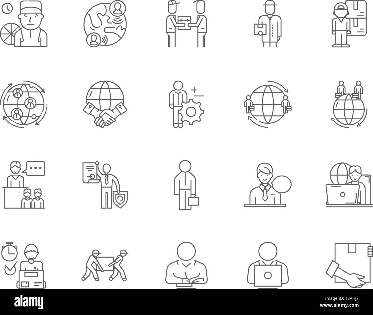 Gli agenti per l'esportazione le icone della linea, segni, set di vettore, illustrazione di contorno concept Illustrazione Vettoriale