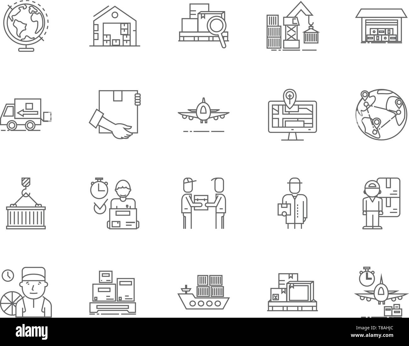 Esportare e importare gli agenti le icone della linea, segni, set di vettore, illustrazione di contorno concept Illustrazione Vettoriale