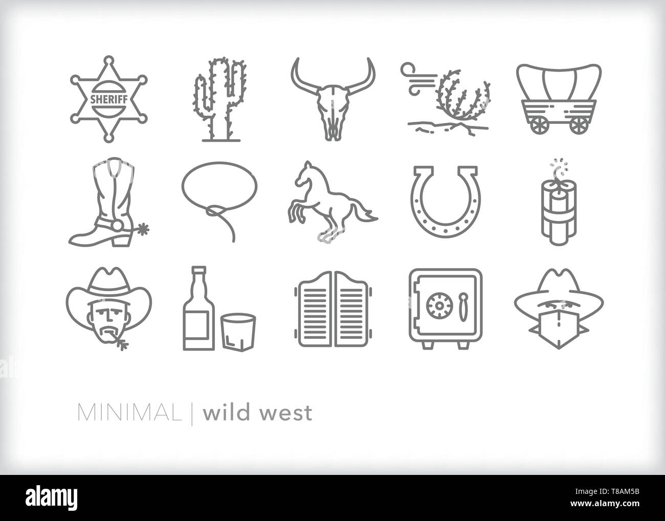 Set di 15 wild west line icone di oggetti dal West Americano Illustrazione Vettoriale