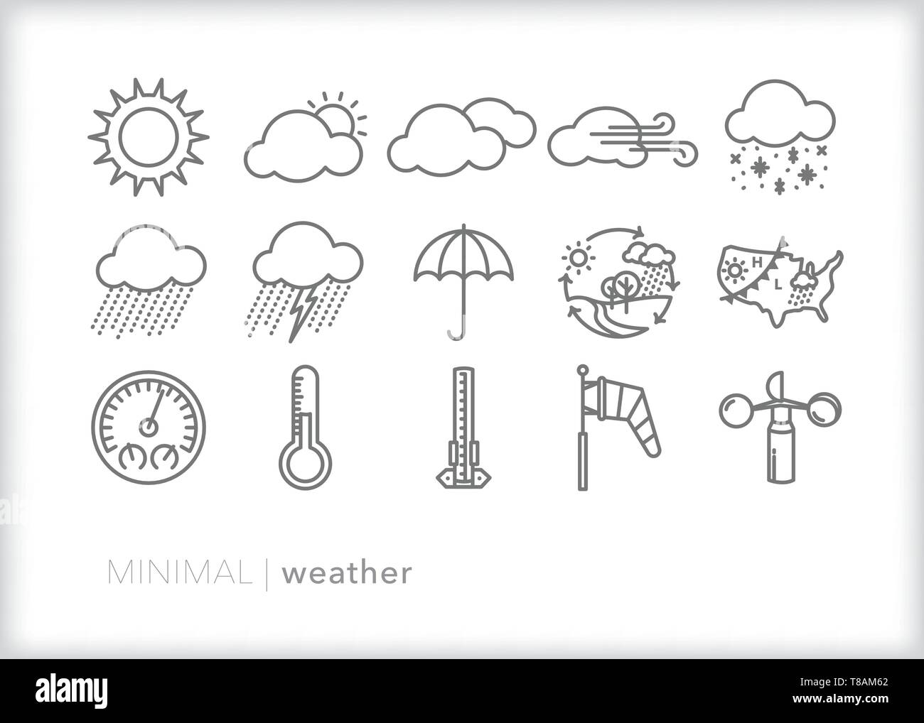Set di 15 meteo le icone della linea che mostra la pioggia, sole, neve, vento, temperatura, ciclo Meteo e previsioni meteo Illustrazione Vettoriale