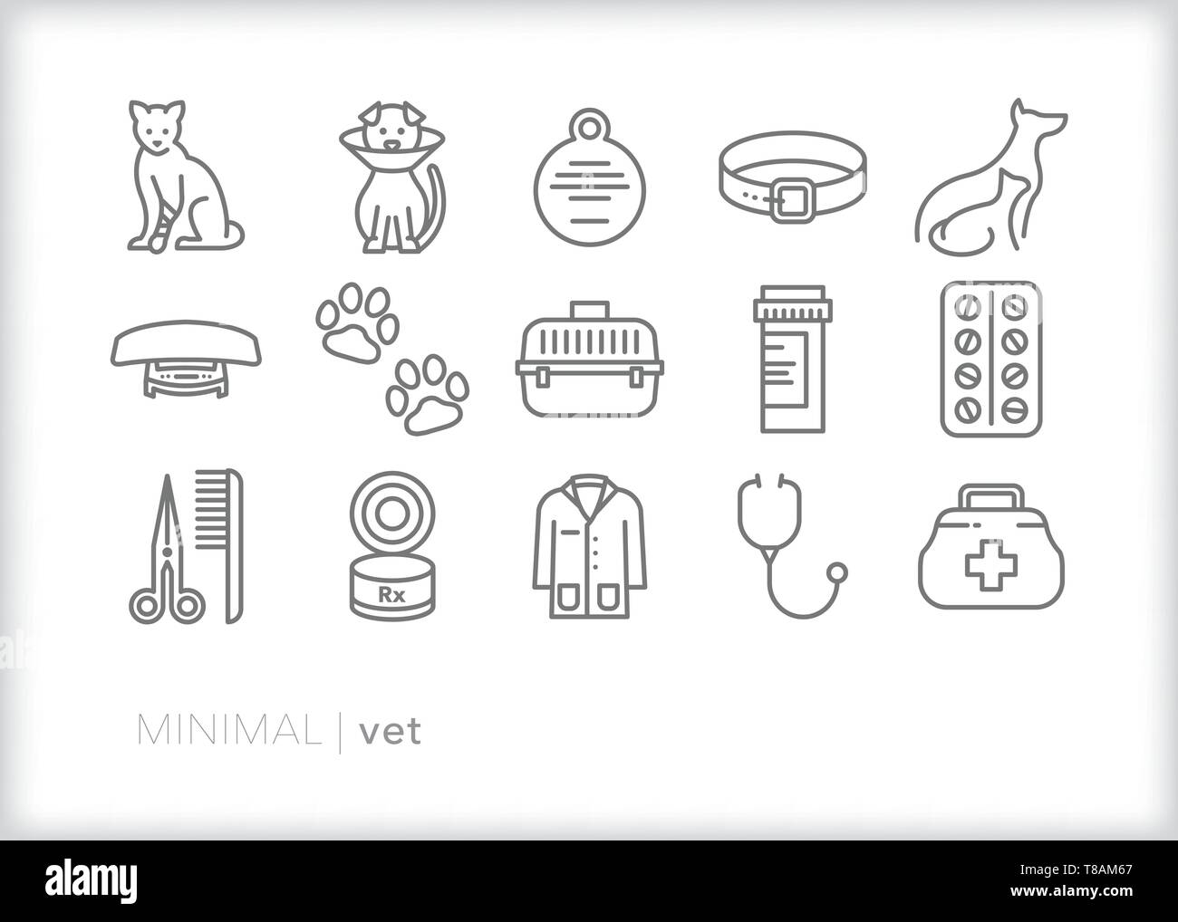 Set di 15 vet le icone della linea veterinario per il trattamento di animali domestici Illustrazione Vettoriale