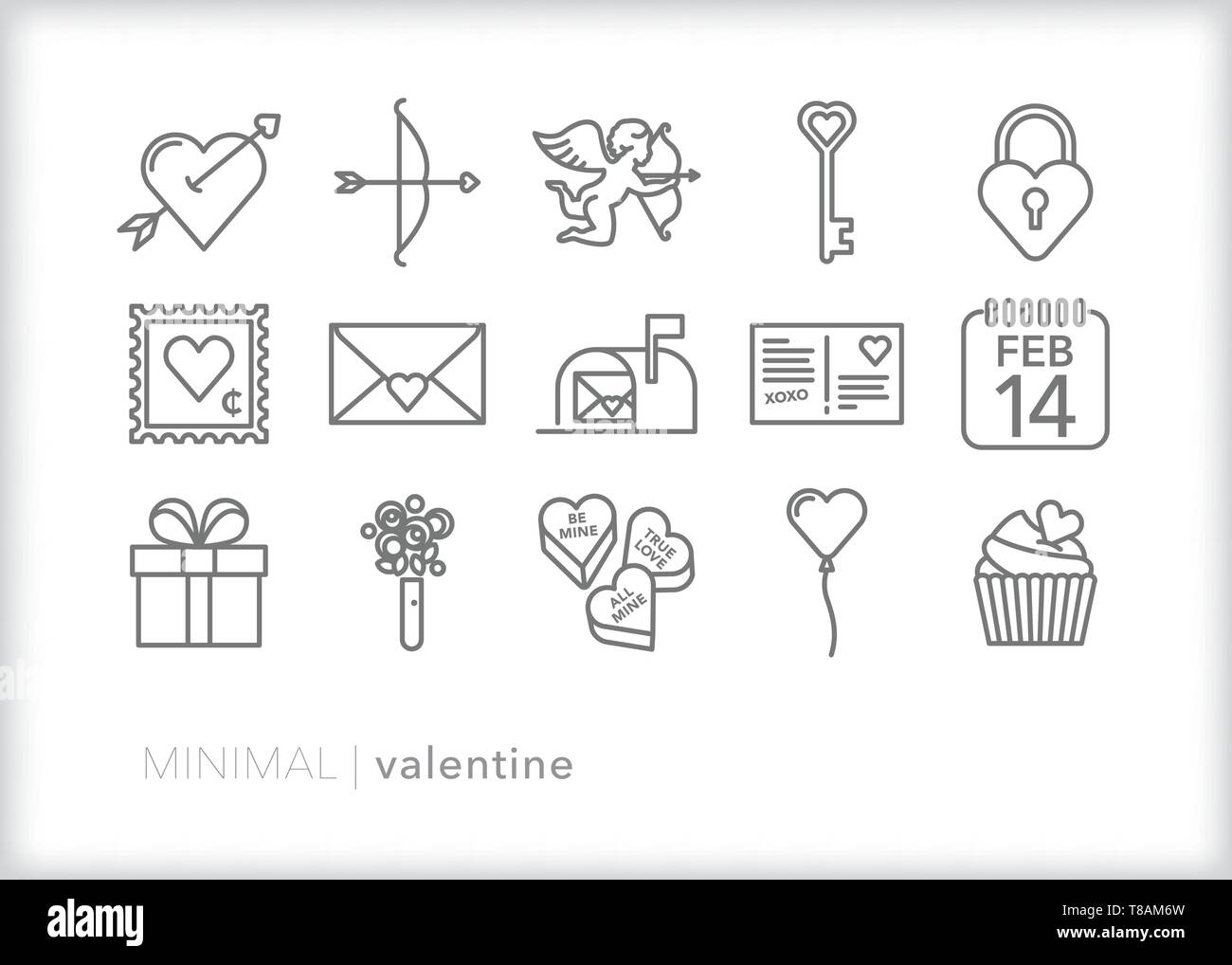 Set di 15 linea di san valentino icone per amore, romanticismo, il giorno di San Valentino o mostrare a qualcuno di speciale che si prendono cura di loro Illustrazione Vettoriale