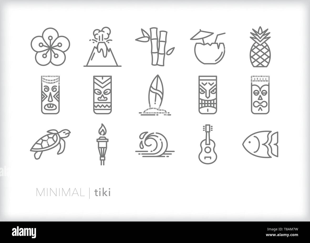Set di 15 tiki le icone della linea di polinesiani o Hawaiian tiki partito o bar Illustrazione Vettoriale