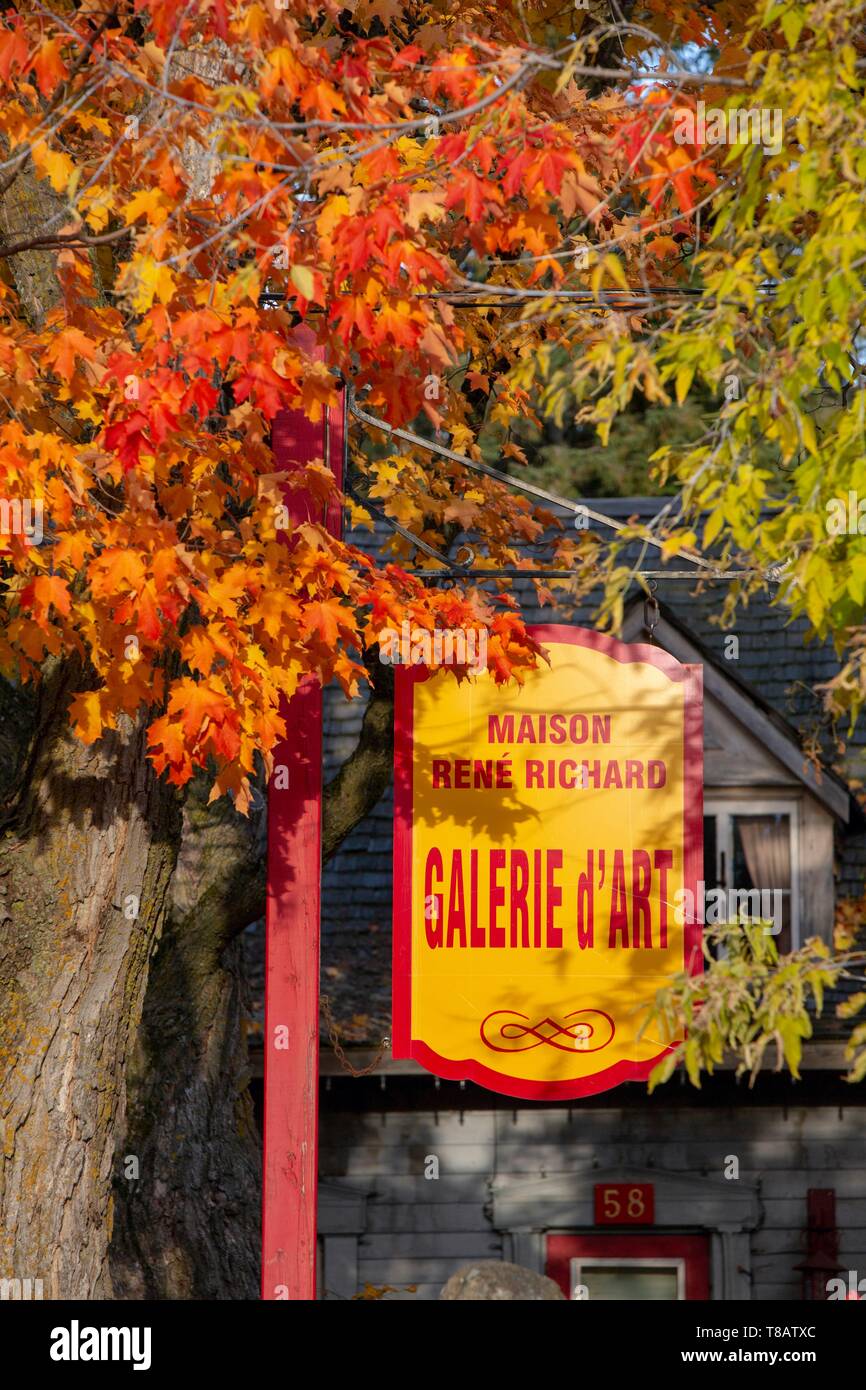 Canada, Provincia del Quebec, la regione di Charlevoix, Baie-Saint-Paul, rue Saint-jean-Baptiste e i suoi numerosi negozi e gallerie d'arte di ristoranti, la casa di René Richard pittore, il segno della casa museo Foto Stock