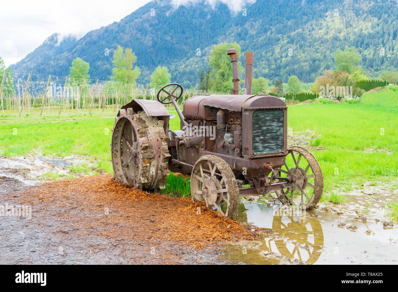 Vintage trattore attrezzature agricole su una vera e propria fattoria, arrugginiti e ripartiti, parcheggiato nel fango, ma un residuo storico sul display. Foto Stock