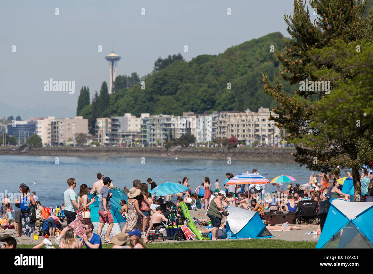 Seattle, Washington: persone folla Alki Beach in West Seattle come la città si affaccia record di calore per il secondo giorno consecutivo. Attraverso Elliott Bay è il punto di riferimento lo Space Needle. Foto Stock