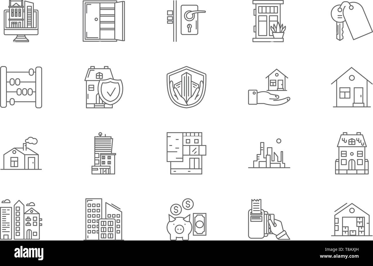 Case in affitto le icone della linea, segni, set di vettore, illustrazione di contorno concept Illustrazione Vettoriale