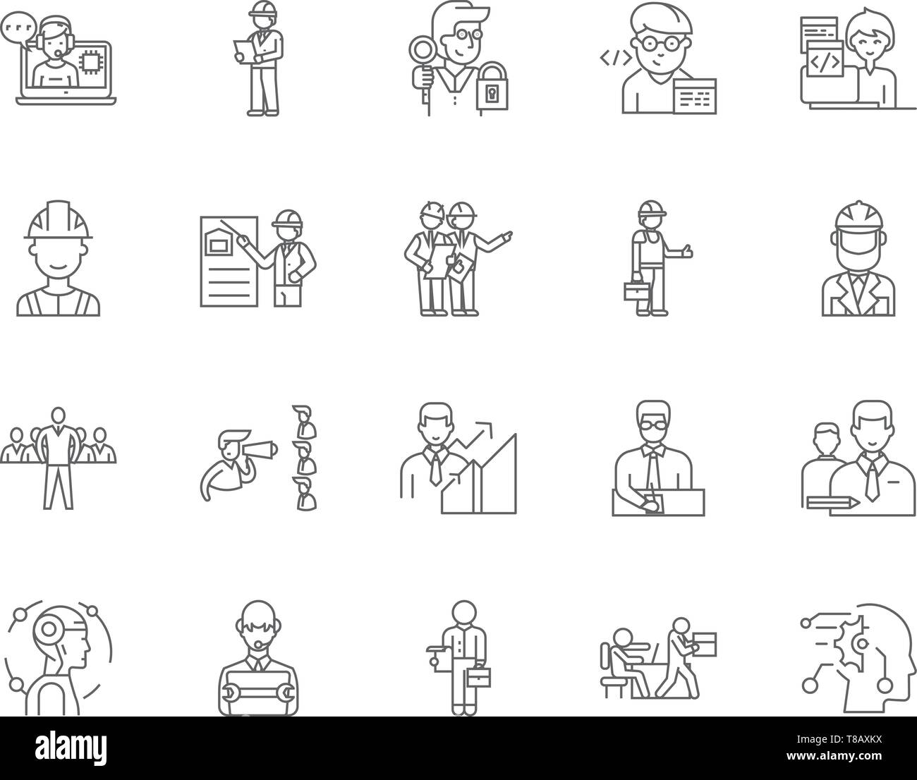 Linea di ispezione delle icone, segni, set di vettore, illustrazione di contorno concept Illustrazione Vettoriale